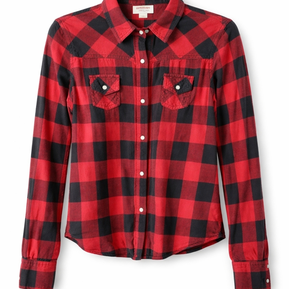 Red and Black Plaid Button-Up Snap Shirt